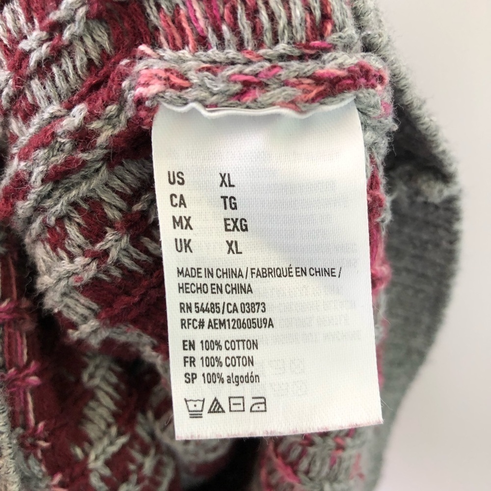 American Eagle Tribal Baja Hoodie Sweater Pullover Boxy Cotton Gray Red XL Boho - Picture 7 of 7